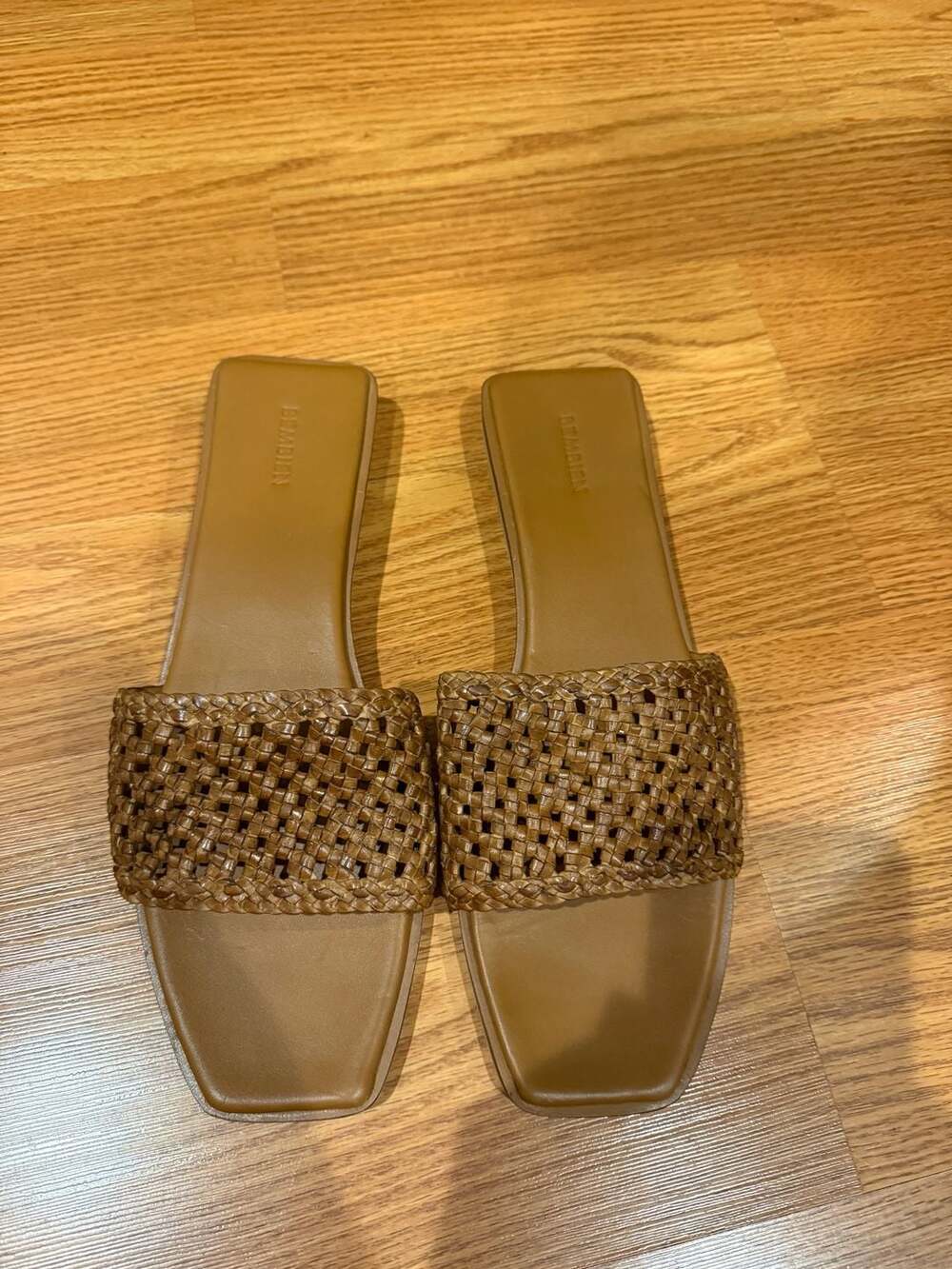 Bembien Brown Woven Leather Square Toe Flat Slide Sandals
